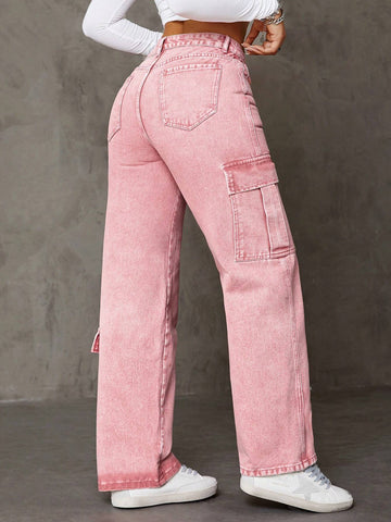 ICON Asymmetric Cargo Style Straight Leg Jeans With Pockets shein