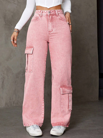 ICON Asymmetric Cargo Style Straight Leg Jeans With Pockets shein