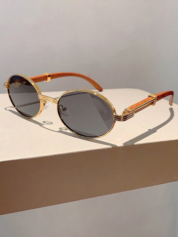 New Retro Oval Frame Fashion Sunglasses With Trendy Design And Wood-Grain Textured Arms Vintage shein