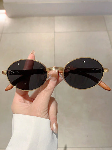 New Retro Oval Frame Fashion Sunglasses With Trendy Design And Wood-Grain Textured Arms Vintage shein