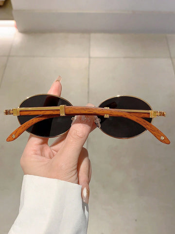 New Retro Oval Frame Fashion Sunglasses With Trendy Design And Wood-Grain Textured Arms Vintage shein