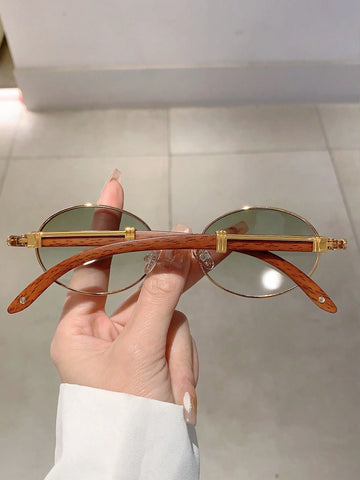 New Retro Oval Frame Fashion Sunglasses With Trendy Design And Wood-Grain Textured Arms Vintage shein