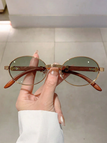 New Retro Oval Frame Fashion Sunglasses With Trendy Design And Wood-Grain Textured Arms Vintage shein