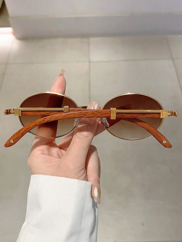 New Retro Oval Frame Fashion Sunglasses With Trendy Design And Wood-Grain Textured Arms Vintage shein