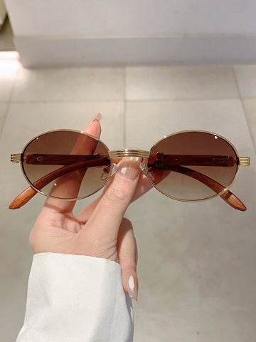 New Retro Oval Frame Fashion Sunglasses With Trendy Design And Wood-Grain Textured Arms Vintage shein