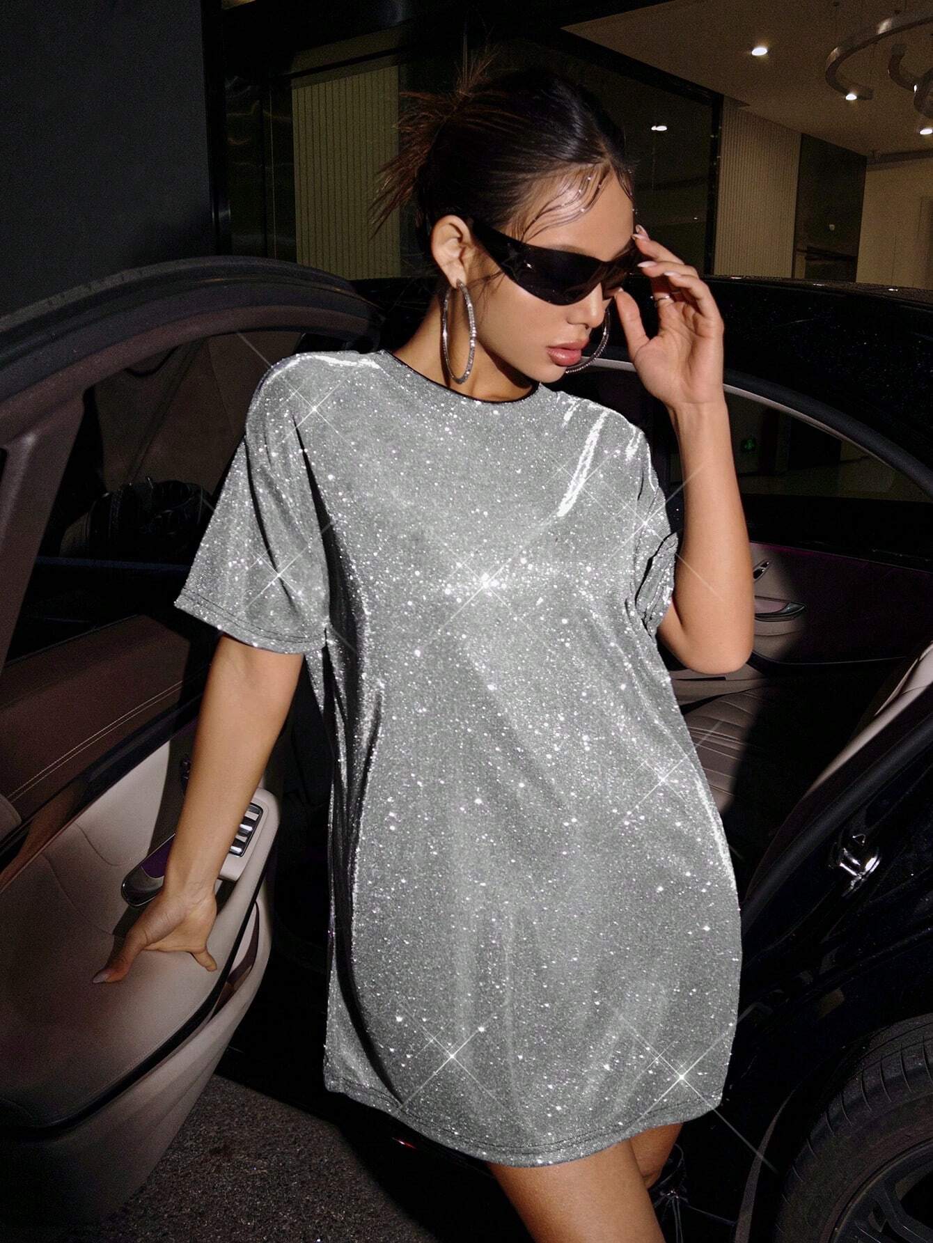 ICON Silver Drop Shoulder Glitter Concert Outfits Tee Dress shein