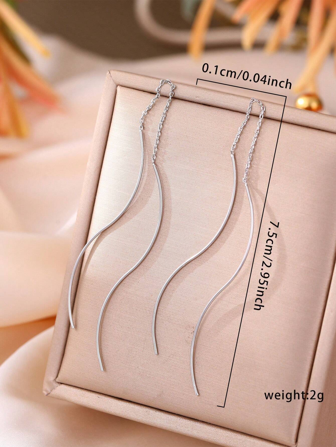 1pair Long Tassel Threader Earrings Wave Shaped Simple Long Chain Earrings Elegant Earrings shein