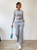 Solid Color Round Neck Top With Exposed Stitching And Waist Belt & Pocket Detail Pants shein