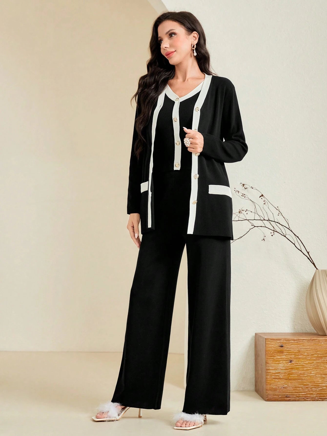 Modely Women's Autumn/Winter Contrast Color Long Sleeve Single-Breasted Cardigan, V-Neck Sweater Vest And Knit Casual Pants Set shein