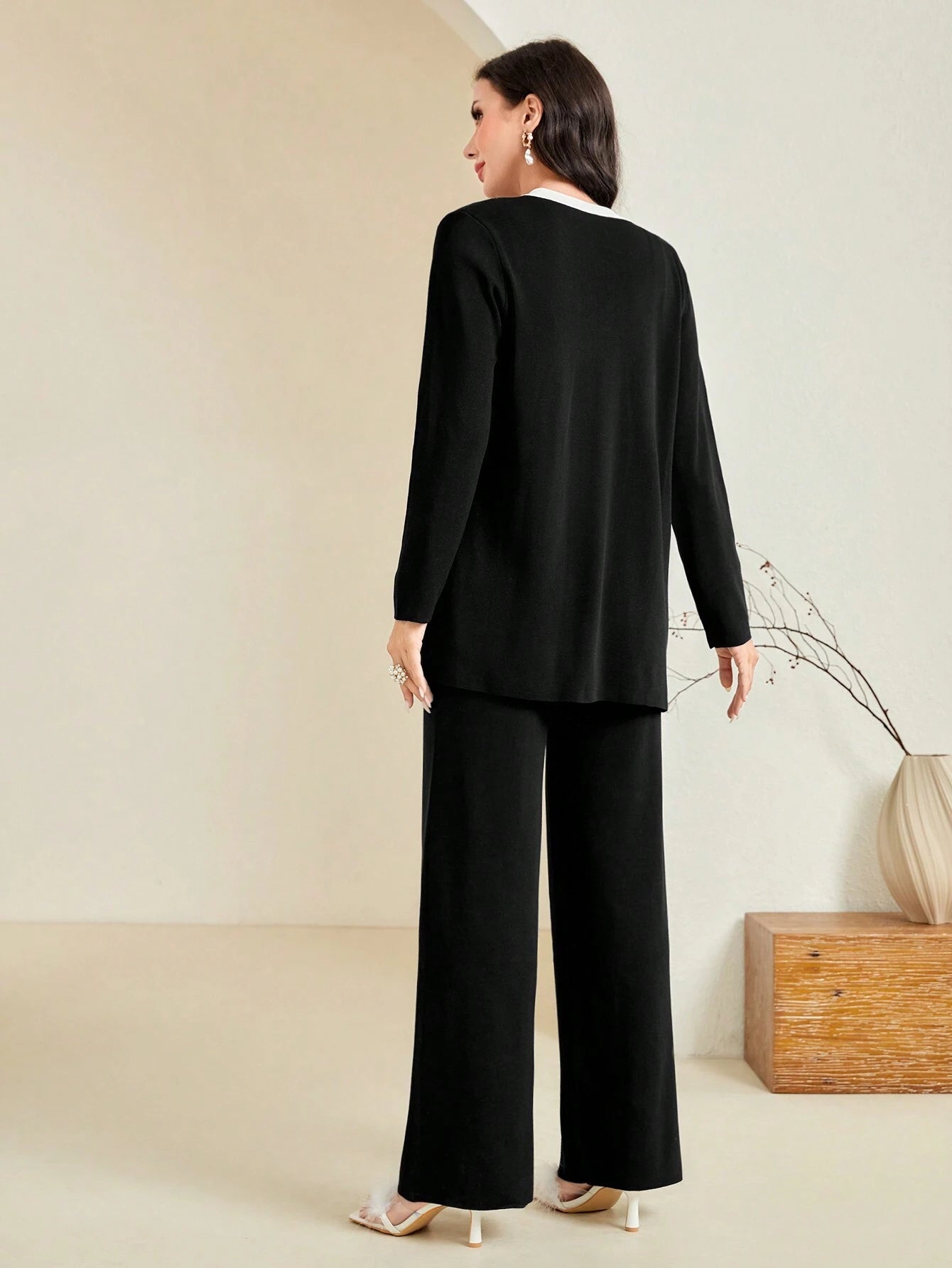 Modely Women's Autumn/Winter Contrast Color Long Sleeve Single-Breasted Cardigan, V-Neck Sweater Vest And Knit Casual Pants Set shein