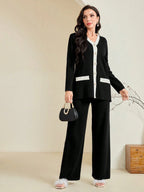 Modely Women's Autumn/Winter Contrast Color Long Sleeve Single-Breasted Cardigan, V-Neck Sweater Vest And Knit Casual Pants Set shein