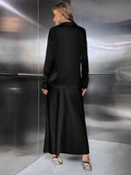 Privé Solid Button Front Satin Shirt & Bias Cut Skirt Without Belt shein