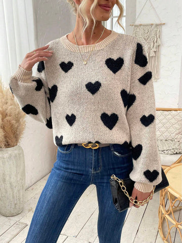 Relaxiva Women Casual Heart Pattern Dropped Shoulder Loose Knit Sweater