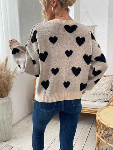 Relaxiva Women Casual Heart Pattern Dropped Shoulder Loose Knit Sweater