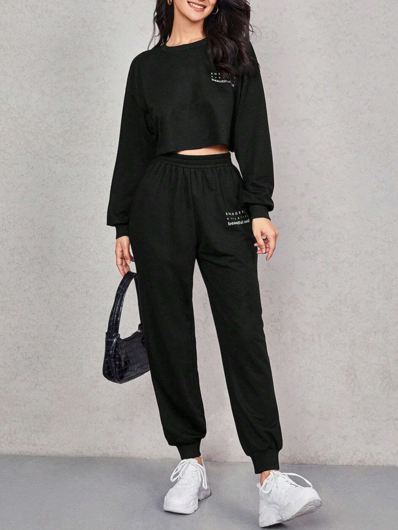 EZwear Letter Graphic Drop Shoulder Pullover & Sweatpants Set shein