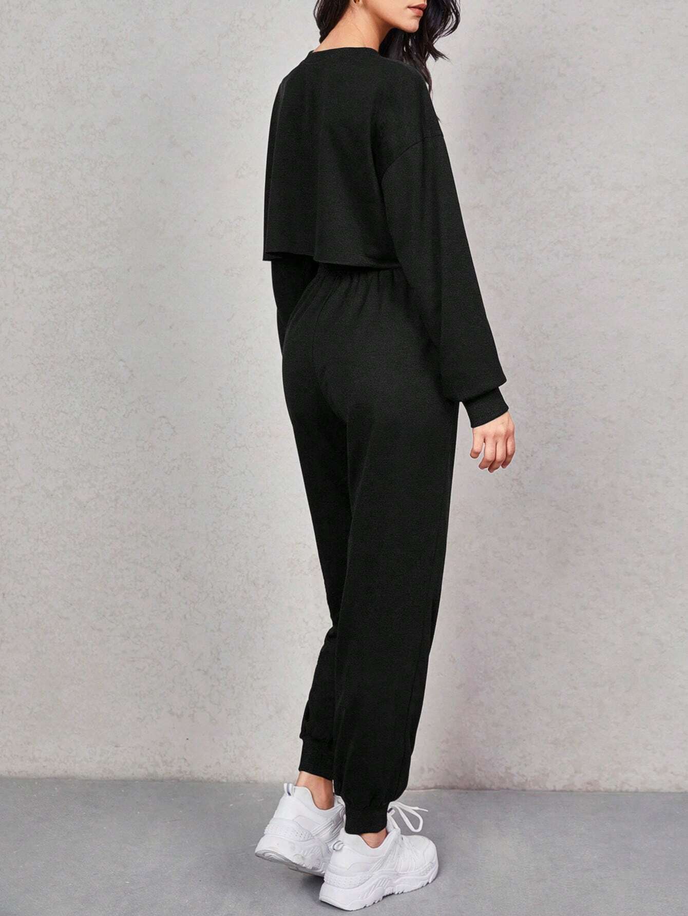 EZwear Letter Graphic Drop Shoulder Pullover & Sweatpants Set shein