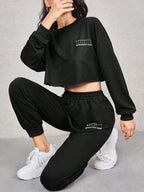 EZwear Letter Graphic Drop Shoulder Pullover & Sweatpants Set shein