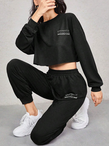 EZwear Letter Graphic Drop Shoulder Pullover & Sweatpants Set