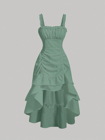 MOD Ruched Bust Ruffle Hem Dress shein