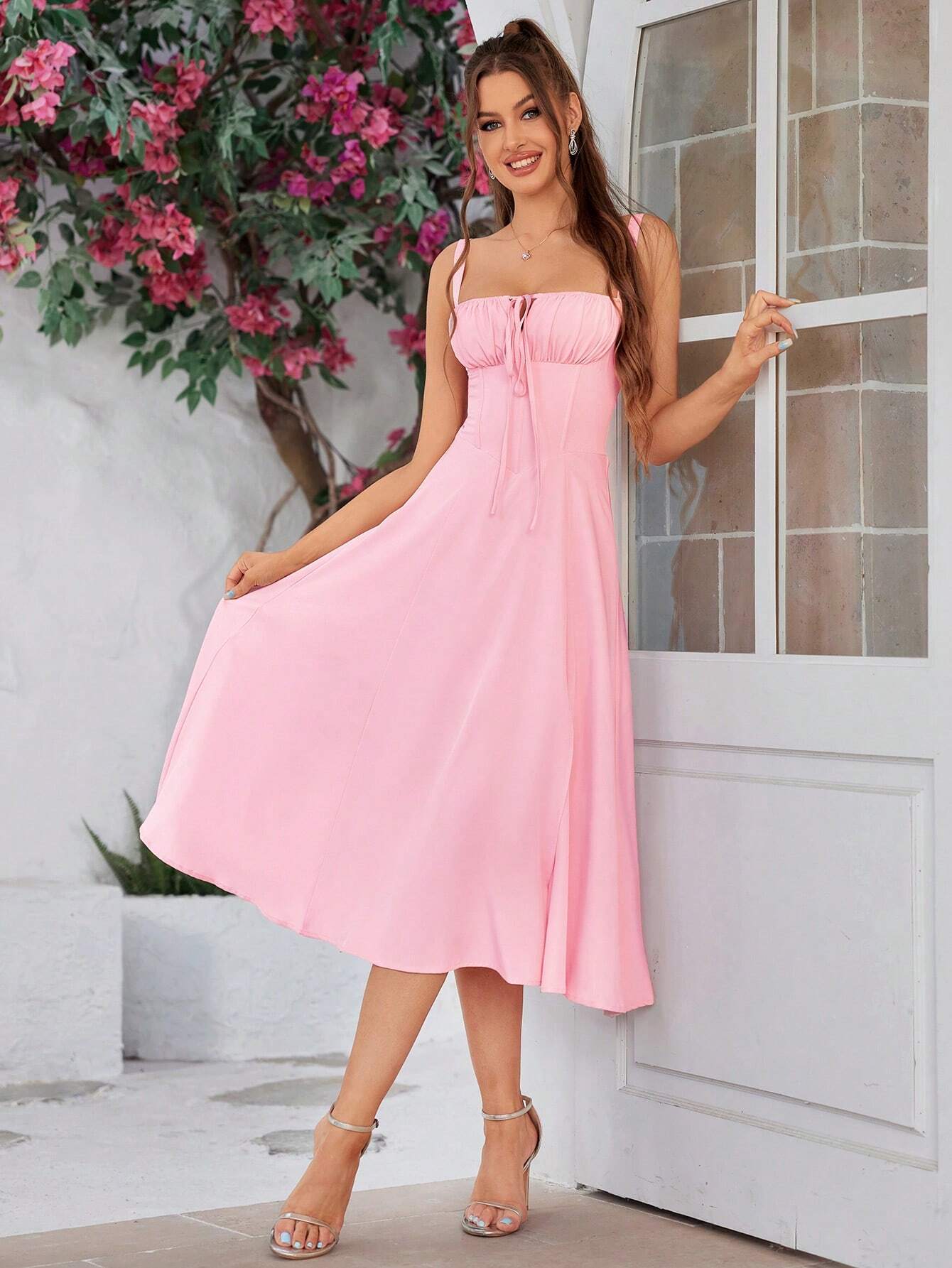 PARTHEA Backless Crisscross Lace Up Ruched Boning Corset Cami Dress Shein