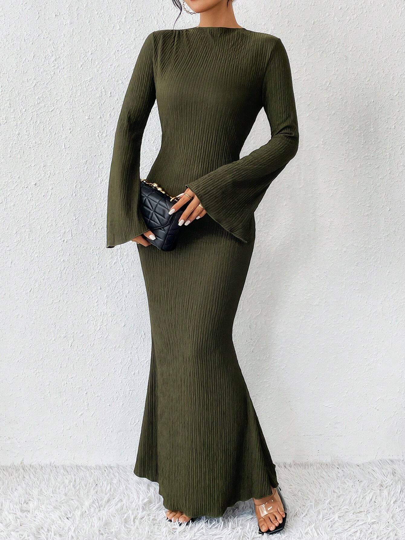Rafferiza Solid Color Long Bell Sleeve Women's Dress shein