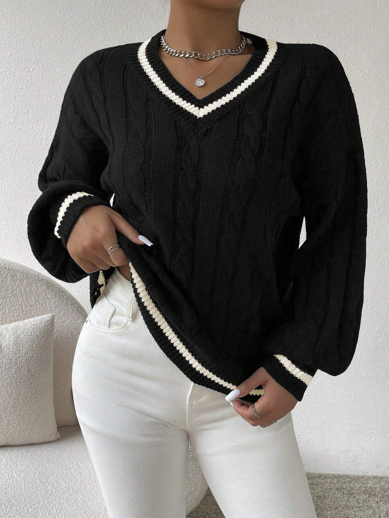 Relaxiva Striped Trim Cable Knit Drop Shoulder Sweater shein