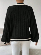 Relaxiva Striped Trim Cable Knit Drop Shoulder Sweater shein