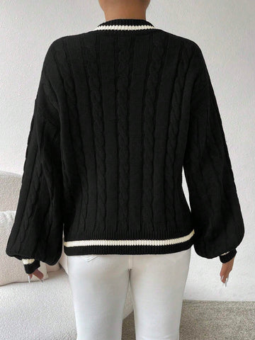 Relaxiva Striped Trim Cable Knit Drop Shoulder Sweater