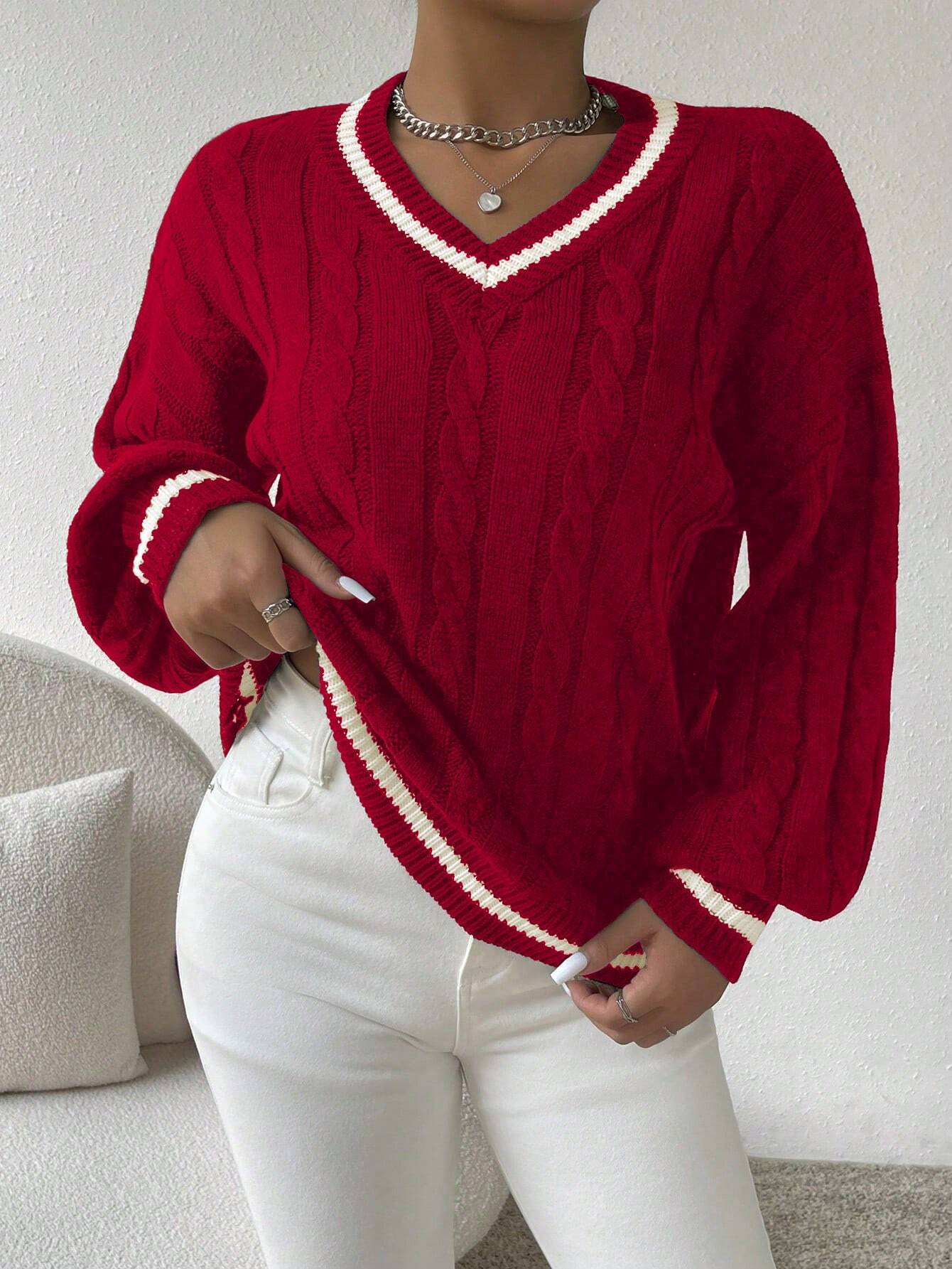 Relaxiva Striped Trim Cable Knit Drop Shoulder Sweater shein