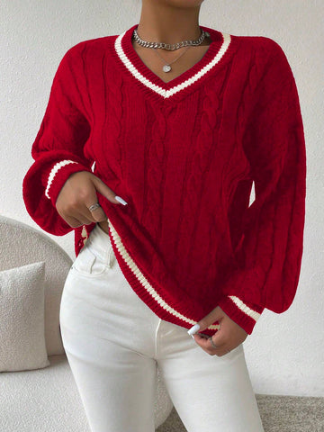 Relaxiva Striped Trim Cable Knit Drop Shoulder Sweater