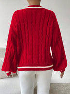 Relaxiva Striped Trim Cable Knit Drop Shoulder Sweater shein