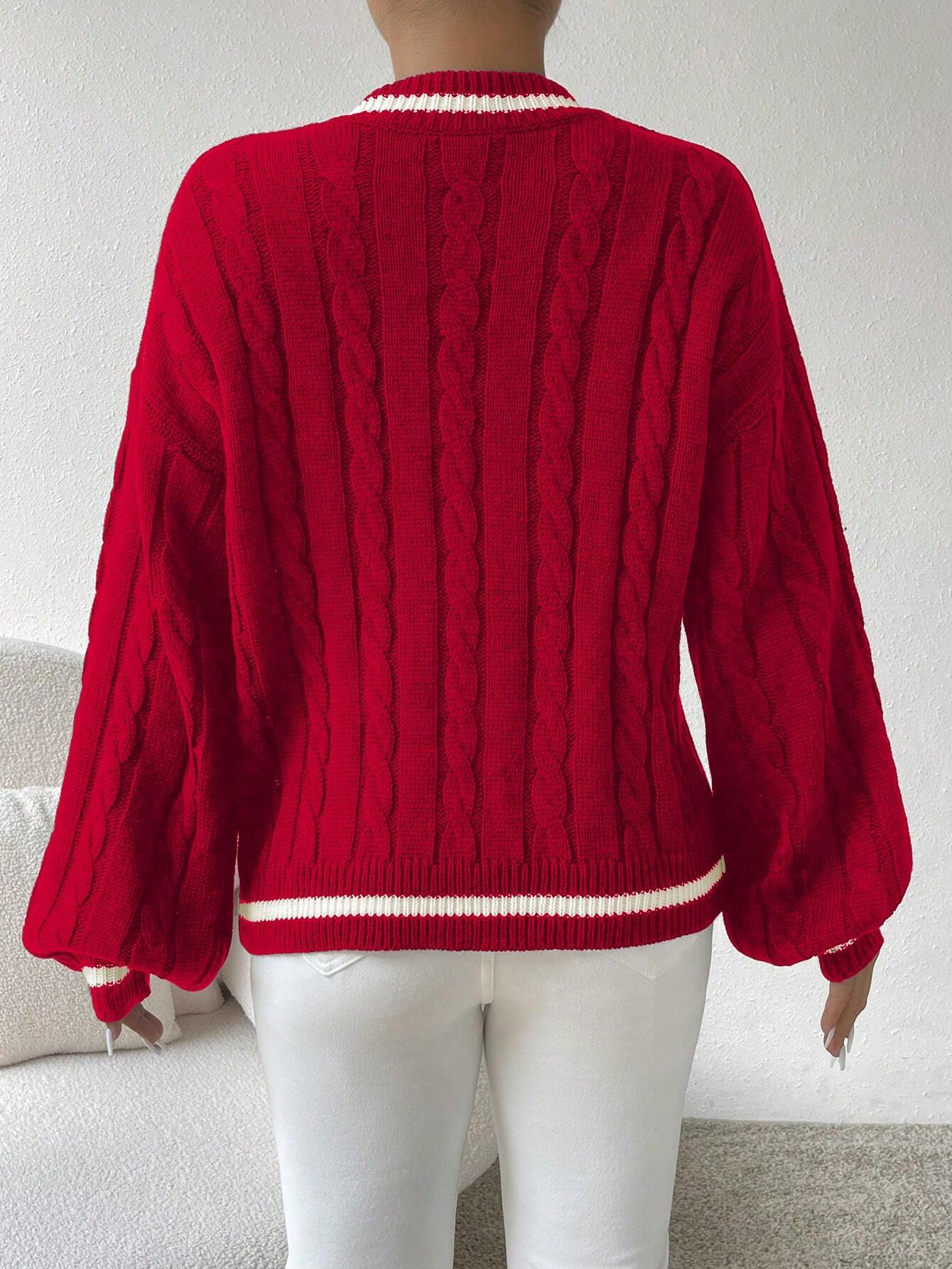Relaxiva Striped Trim Cable Knit Drop Shoulder Sweater shein