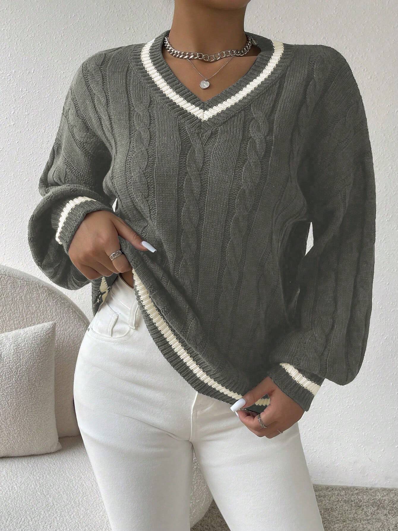 Relaxiva Striped Trim Cable Knit Drop Shoulder Sweater shein