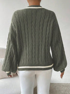 Relaxiva Striped Trim Cable Knit Drop Shoulder Sweater shein