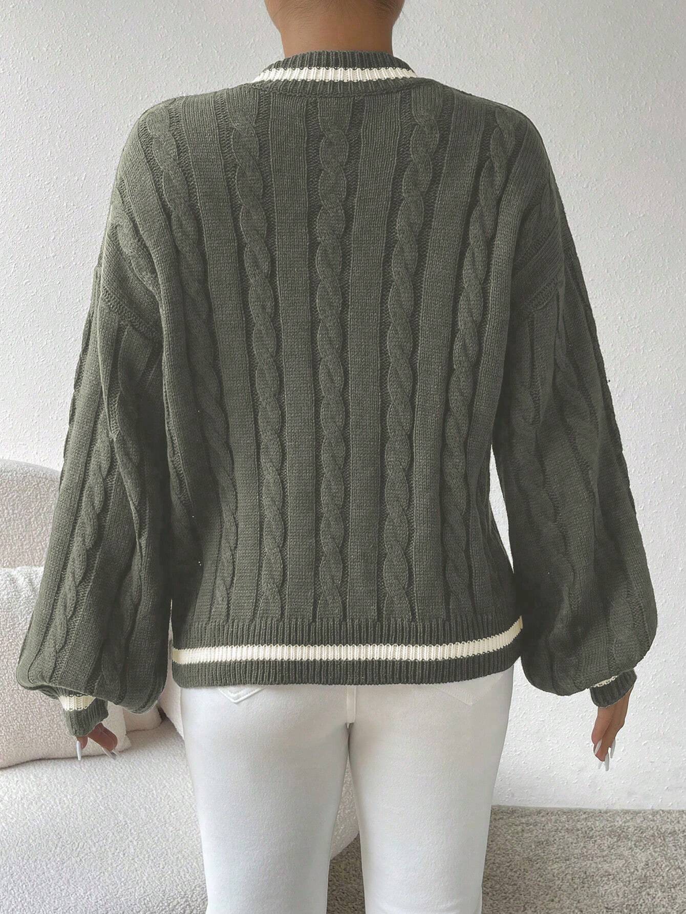 Relaxiva Striped Trim Cable Knit Drop Shoulder Sweater shein