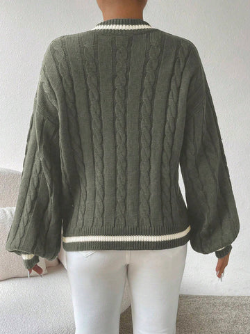 Relaxiva Striped Trim Cable Knit Drop Shoulder Sweater