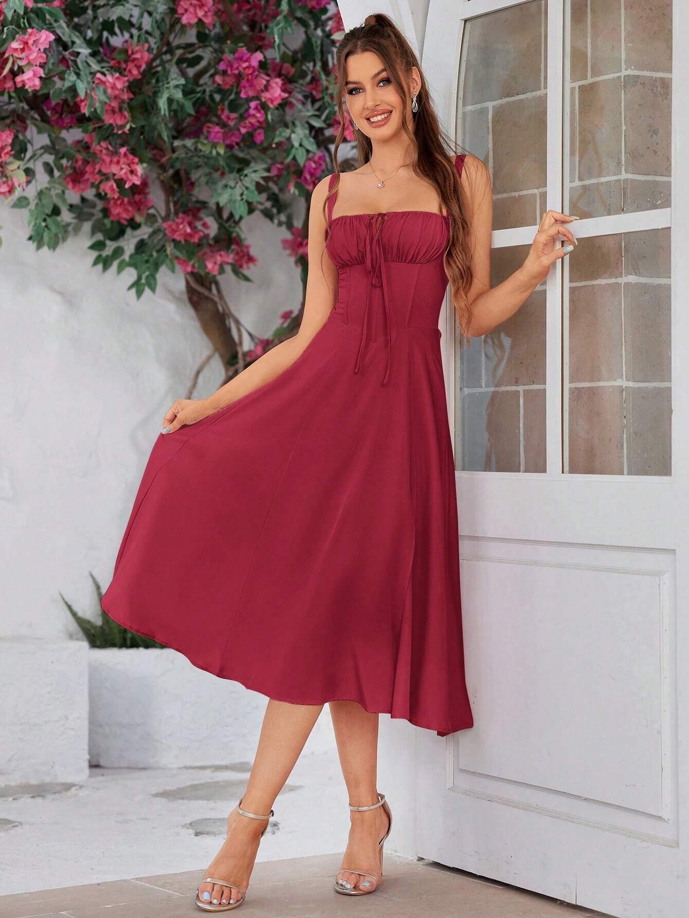 PARTHEA Backless Crisscross Lace Up Ruched Boning Corset Cami Dress Shein