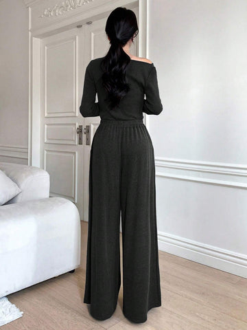 DAZY Solid Color Asymmetrical Hem Ruched T-Shirt And Wide Leg Pants