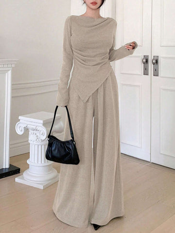DAZY Solid Color Asymmetrical Hem Ruched T-Shirt And Wide Leg Pants