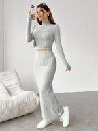 EZwear Women's Grey Knitted Tight-fit Stand Collar Long Sleeve Top With Skirt Set shein