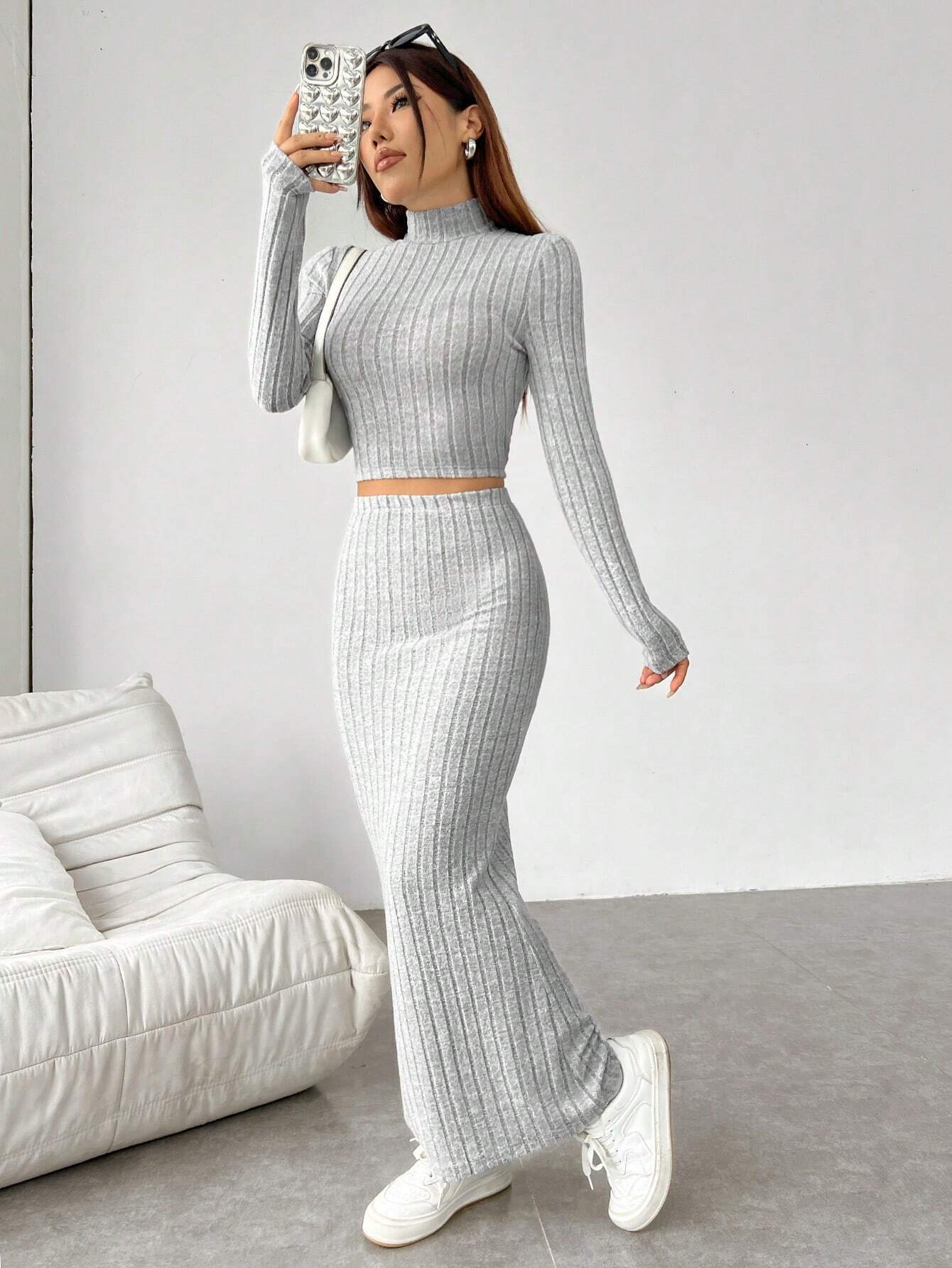 EZwear Women's Grey Knitted Tight-fit Stand Collar Long Sleeve Top With Skirt Set shein