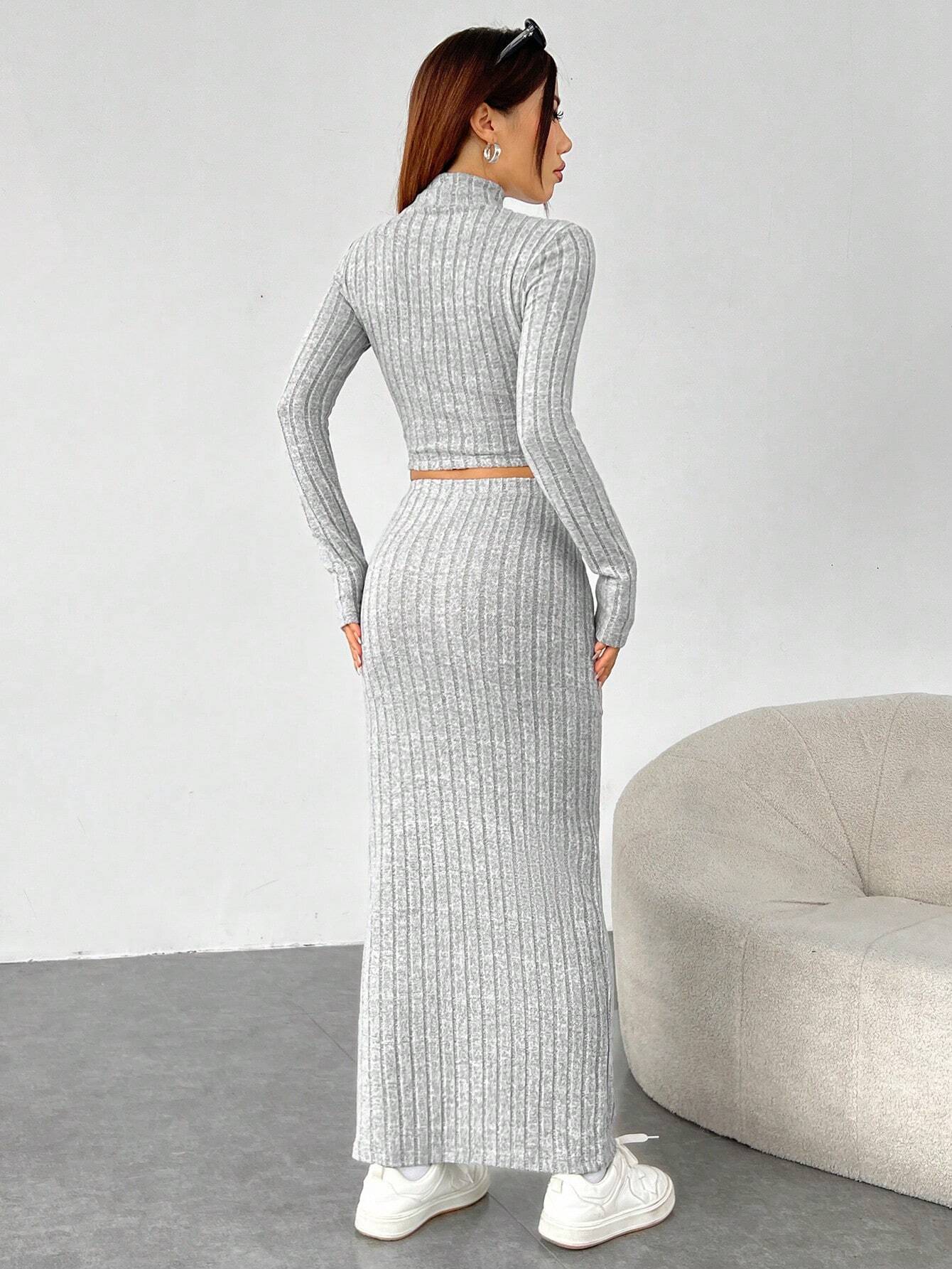 EZwear Women's Grey Knitted Tight-fit Stand Collar Long Sleeve Top With Skirt Set shein
