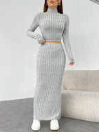 EZwear Women's Grey Knitted Tight-fit Stand Collar Long Sleeve Top With Skirt Set shein