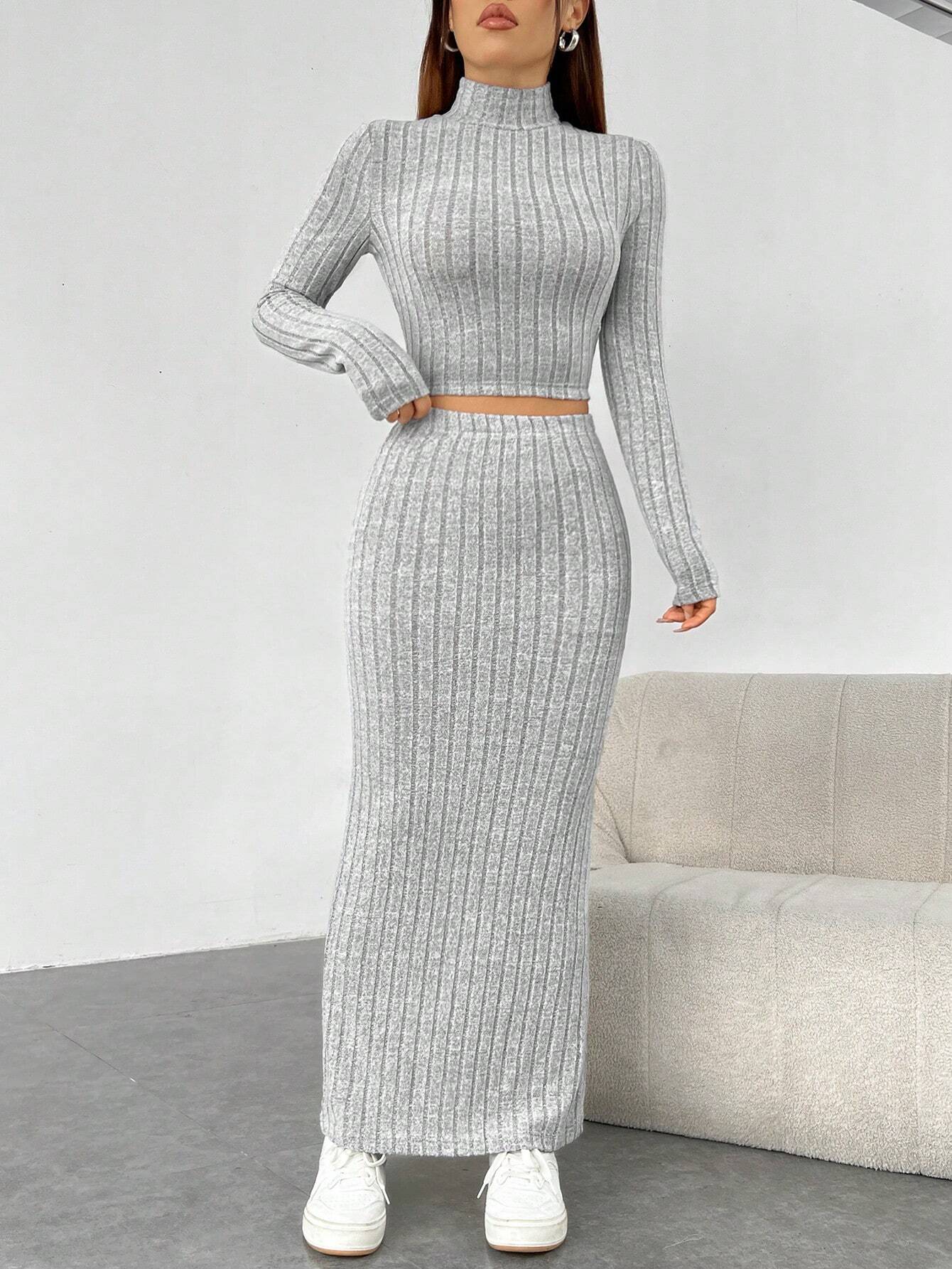 EZwear Women's Grey Knitted Tight-fit Stand Collar Long Sleeve Top With Skirt Set shein