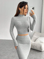 EZwear Women's Grey Knitted Tight-fit Stand Collar Long Sleeve Top With Skirt Set shein