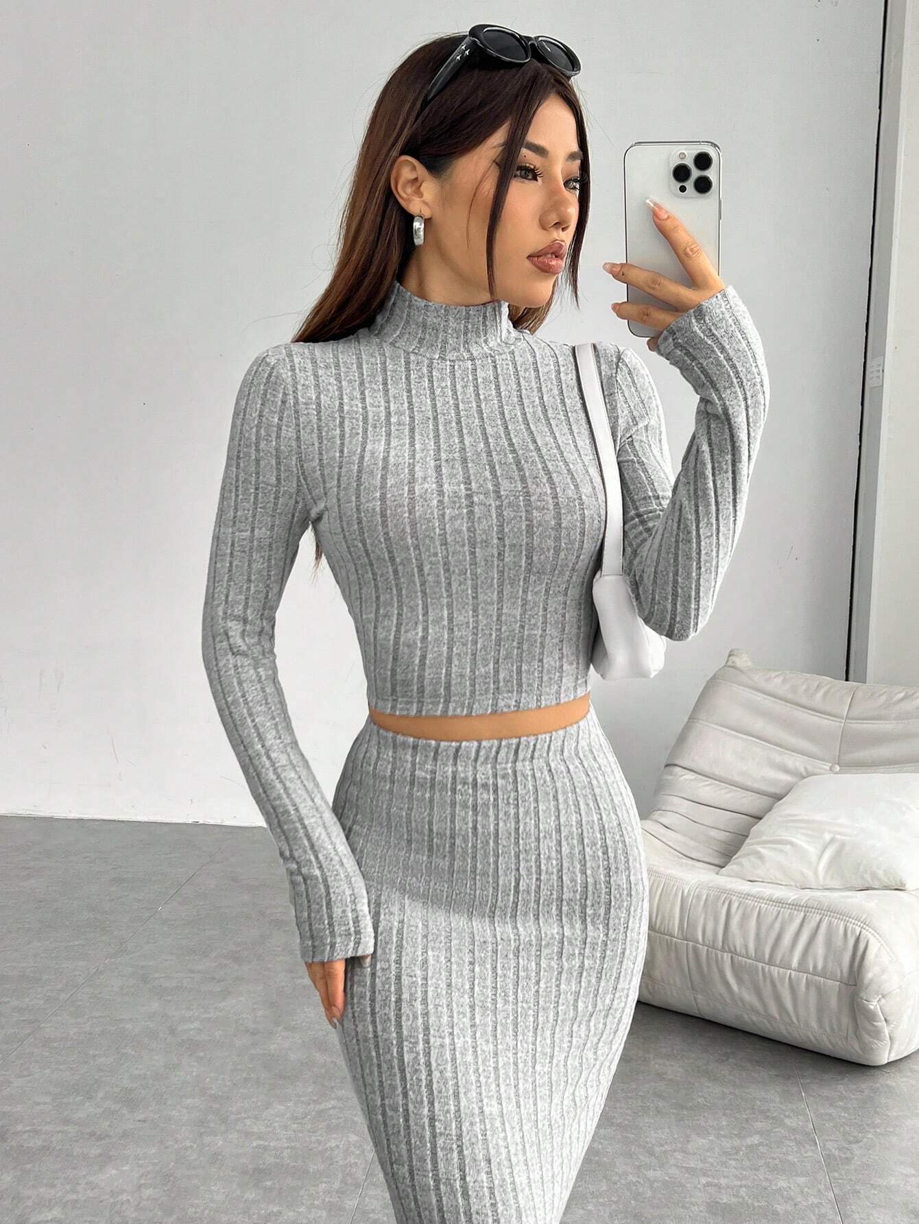 EZwear Women's Grey Knitted Tight-fit Stand Collar Long Sleeve Top With Skirt Set shein