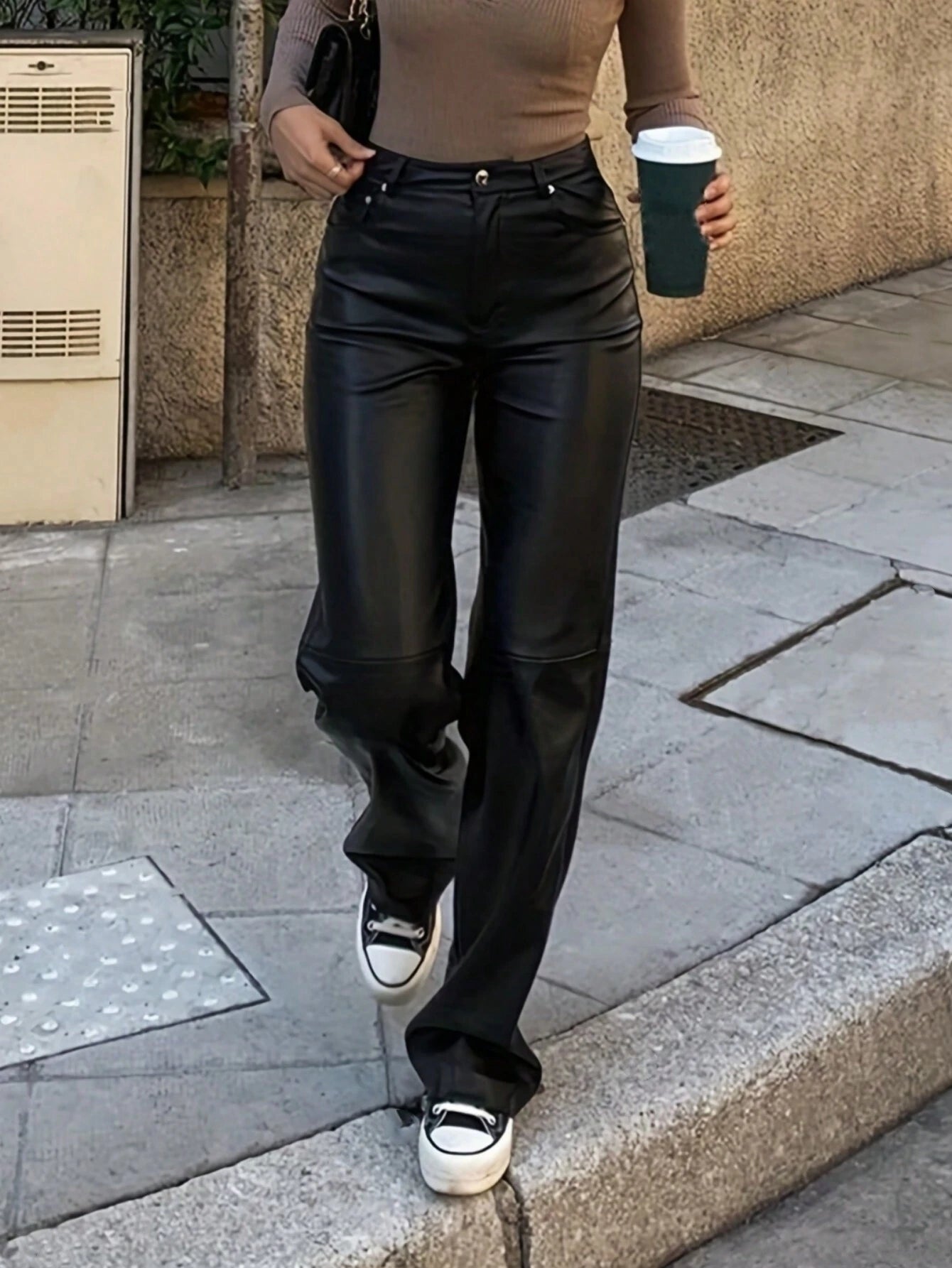 MYOURSA Solid High Waist Faux PU Leather Straight Leg Pants shein
