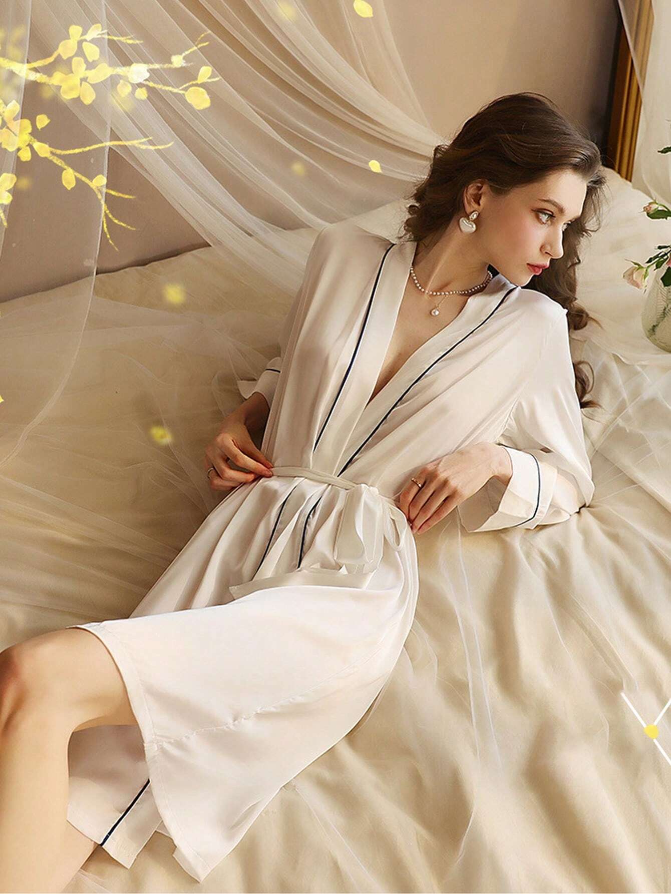 1pc Lightweight Luxury Spring/Summer Women Sexy Open-Front Robe Made Of Faux Silk Fabric Vintage Sleepwear With Retro Sleep Skirt shein