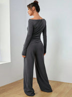 EZwear Knitted Women's Slim Fit Boat Neck Long Sleeve Top And Wide Leg Pants Set shein