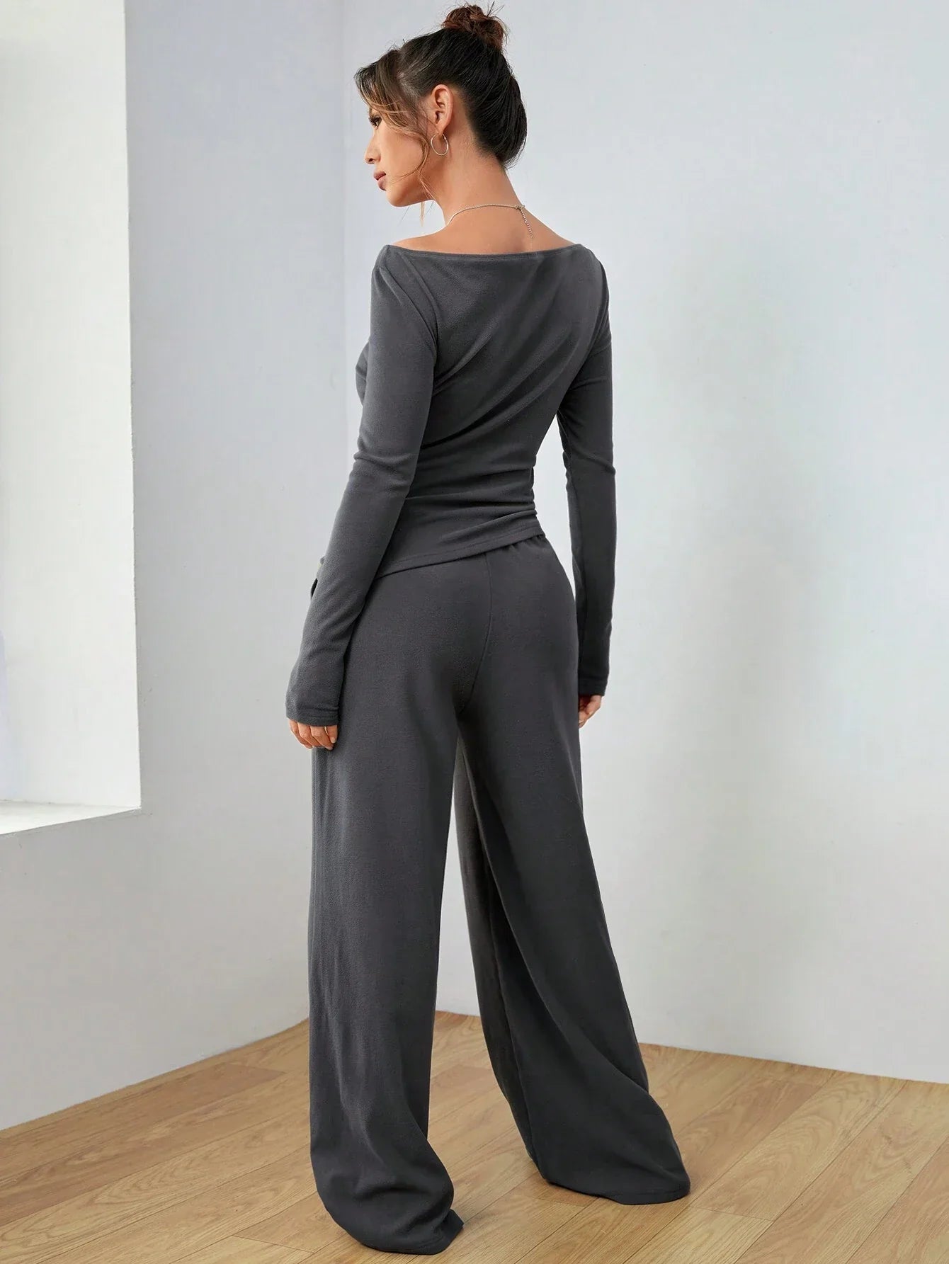 EZwear Knitted Women's Slim Fit Boat Neck Long Sleeve Top And Wide Leg Pants Set shein